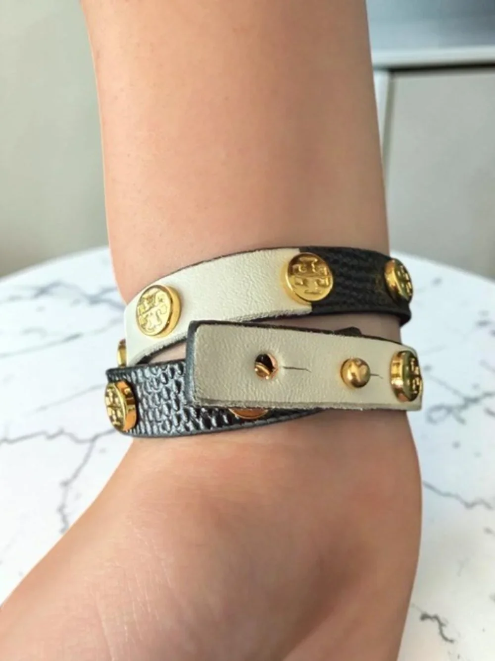 Tory Burch Double Wrap Logo Leather Bracelet Black & Gold